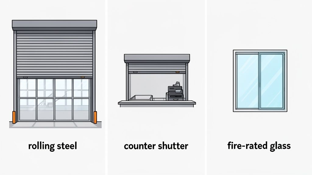 Illustrations of different fire and security solutions: a rolling steel door, a counter shutter, and fire-rated glass.