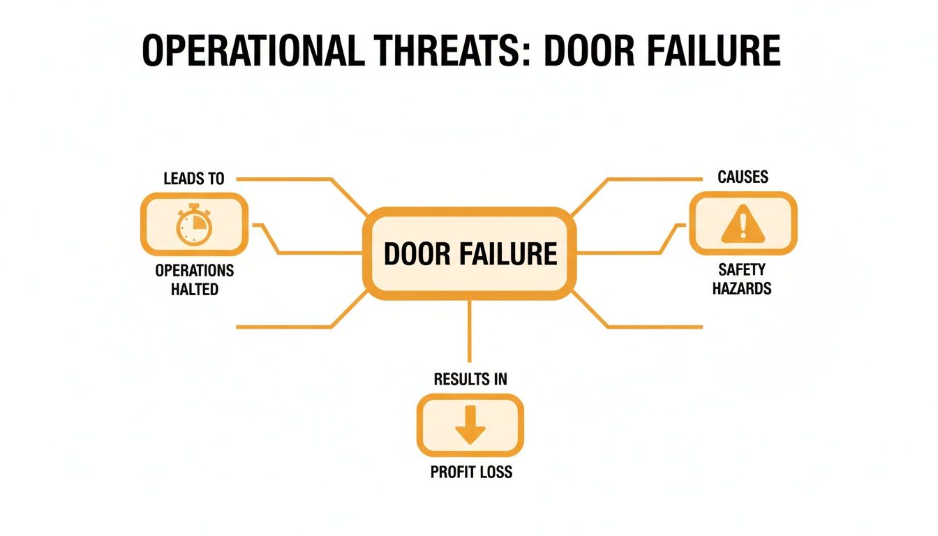 Mind map illustrating door failure as an operational threat, leading to halted operations, safety hazards, and profit loss.