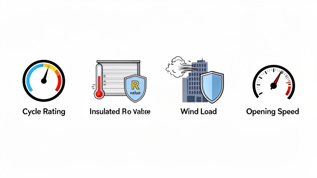 Four icons representing key commercial door features: cycle rating, insulated R-value, wind load, and opening speed.