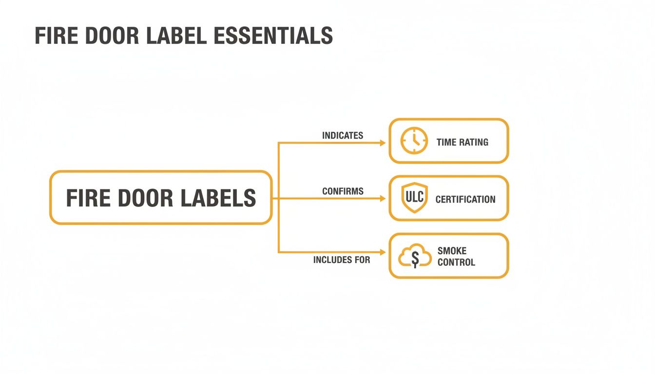 Diagram explaining fire door label essentials: time rating, ULC certification, and smoke control features.