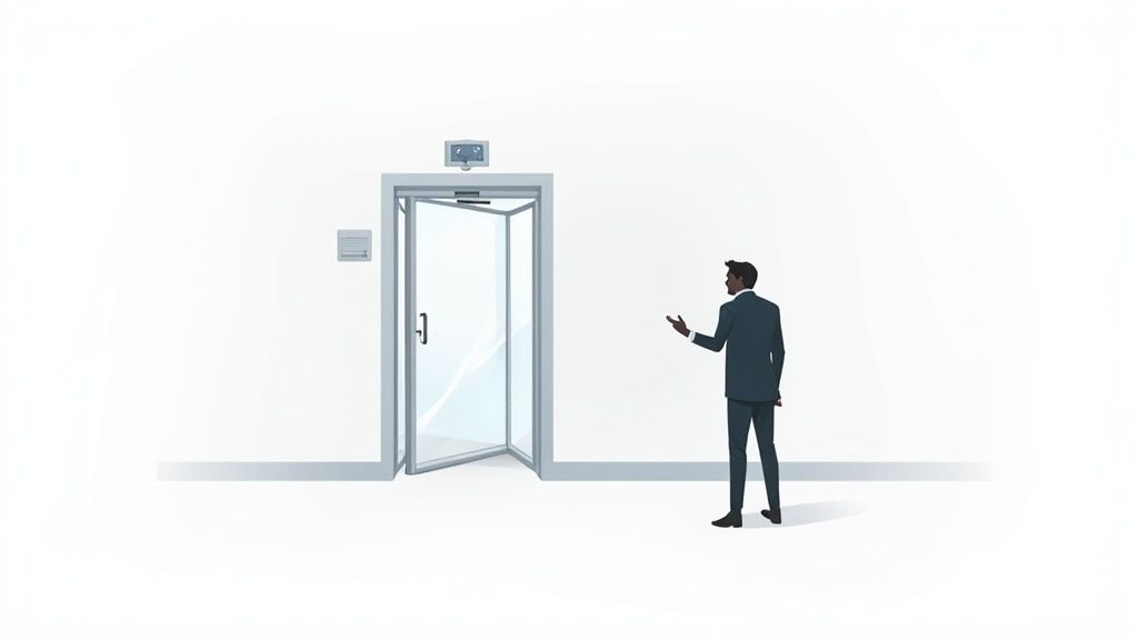 A man in a suit stands next to an open automatic glass door with a door operator.