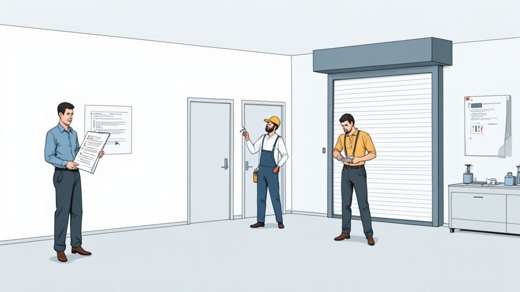 Illustration of technicians and a manager inspecting commercial garage roller doors and premises.