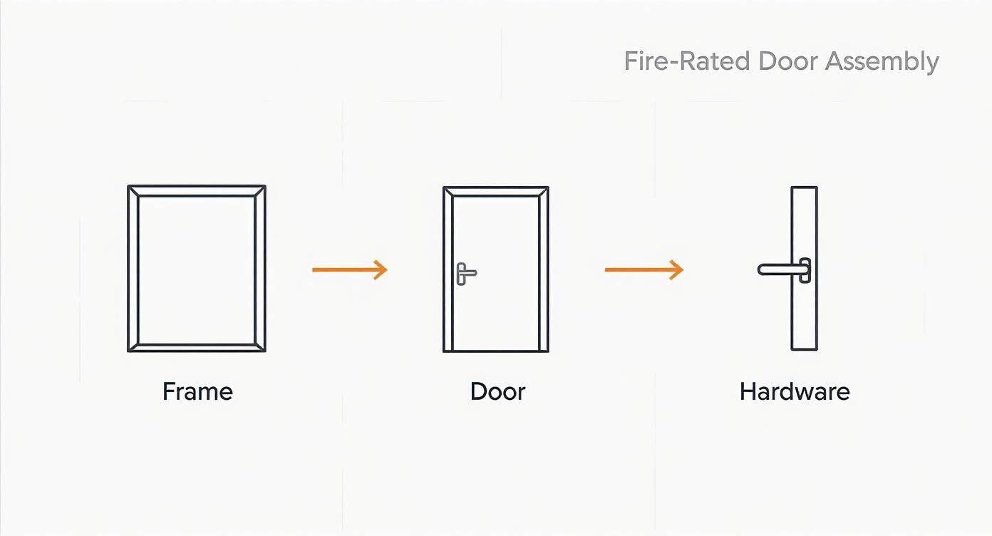Diagram illustrating the components of a fire-rated door assembly: frame, door, and hardware.
