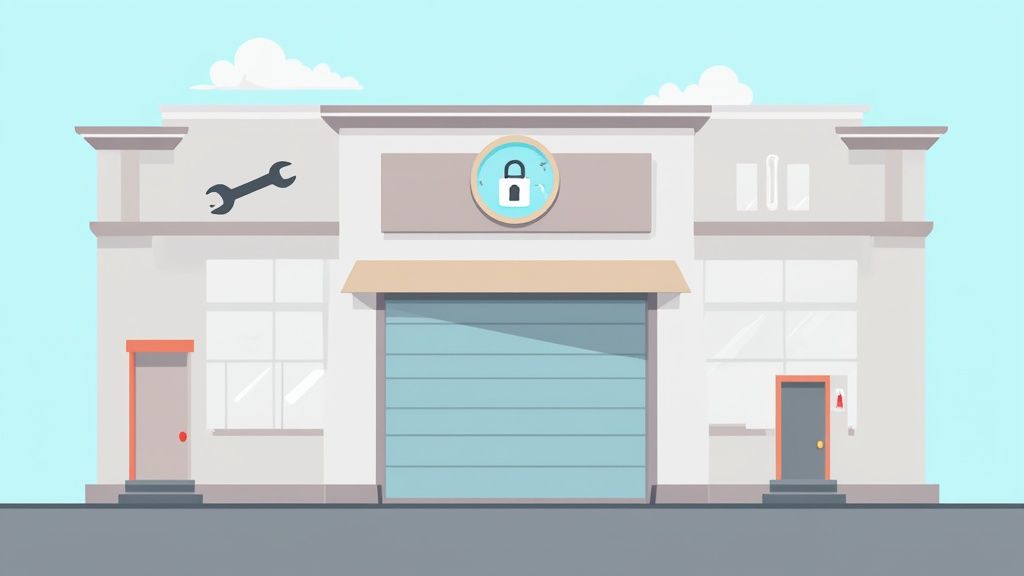 A cartoon illustration of a repair shop building with a large garage door, two entry doors, and service icons.