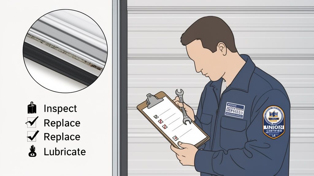 A technician inspects a checklist for garage door maintenance, showing a close-up of dirty side seals.