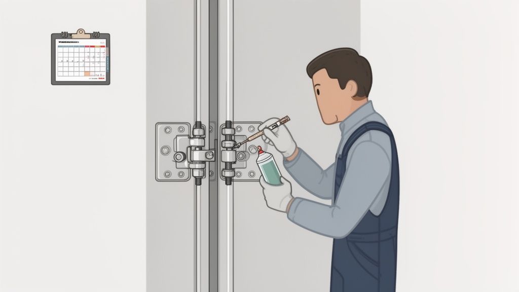 A man in work overalls and gloves lubricates a door hinge mechanism with a small brush, performing routine maintenance.