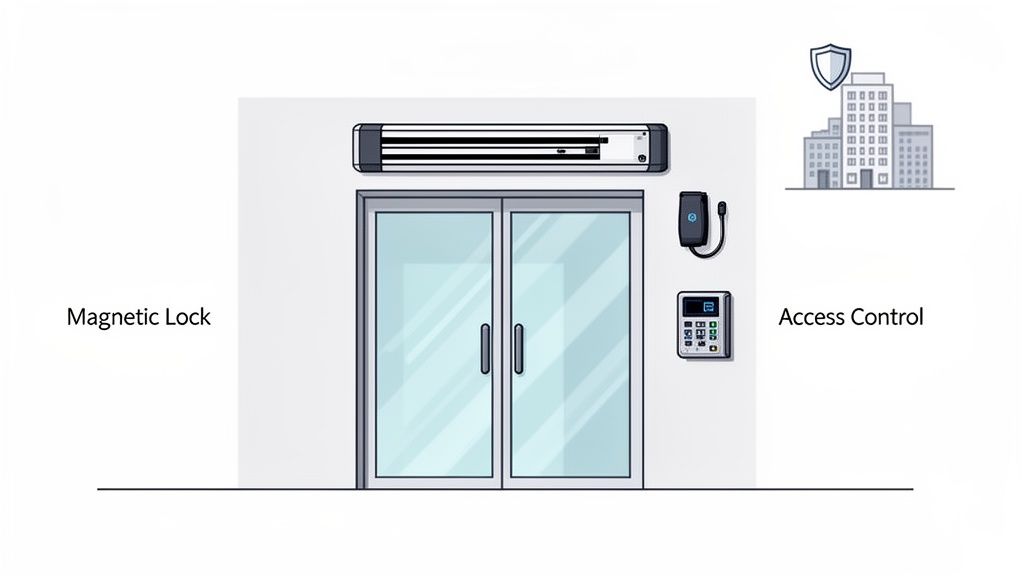 Illustration showing a magnetic lock above a double glass door with an access control keypad and intercom.