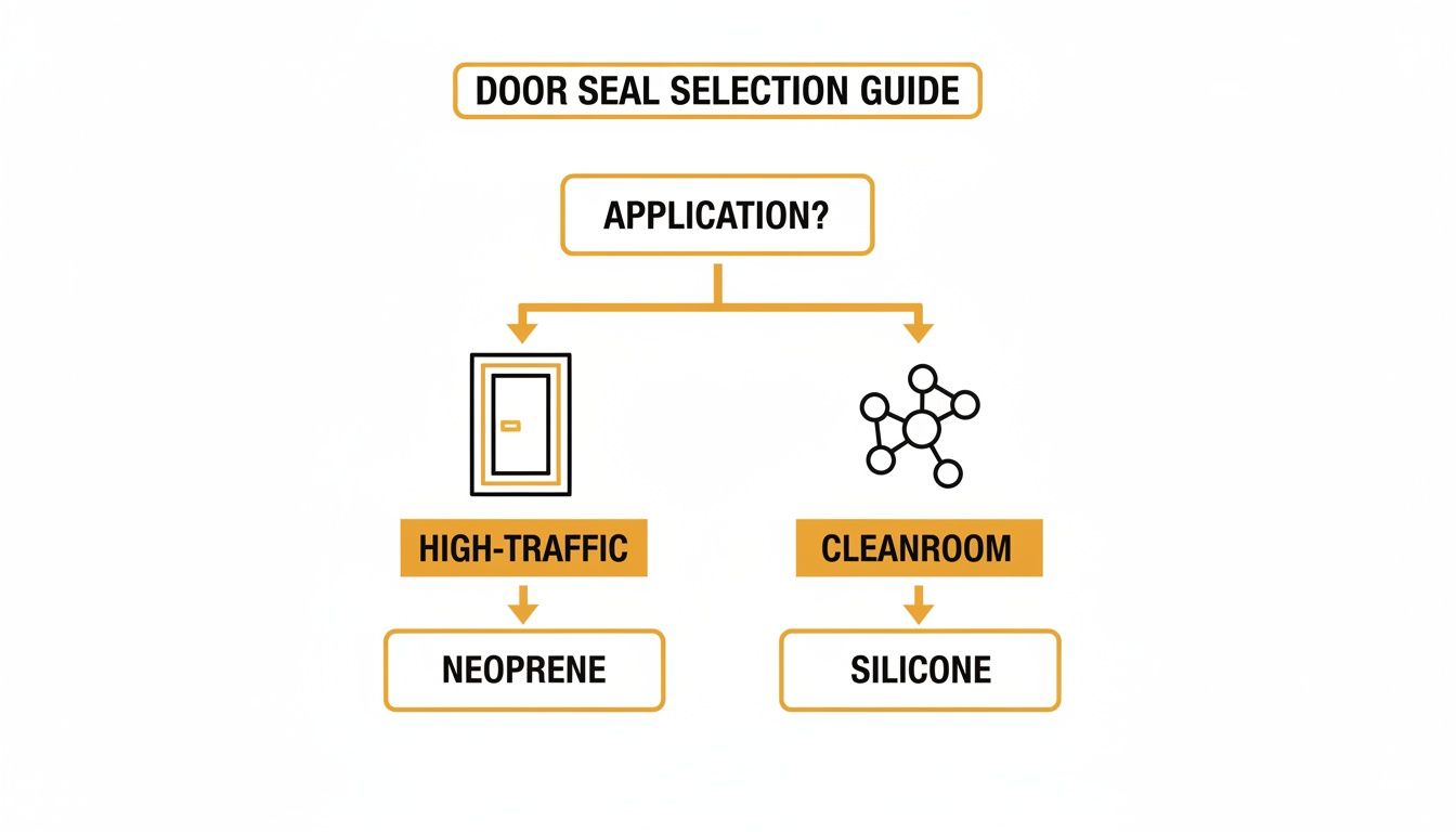 Flowchart for door seal selection guide based on application: high-traffic suggests Neoprene, cleanroom suggests Silicone.