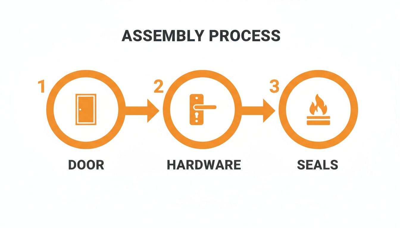 An assembly process diagram for a fire-rated door, showing steps for door, hardware, and seals.