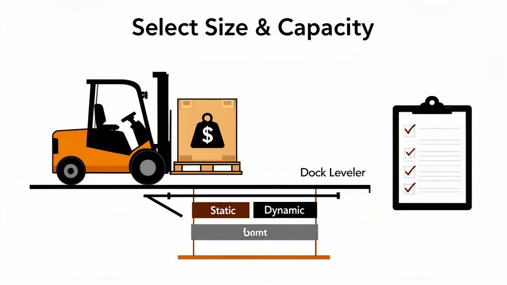 Illustration shows a forklift with a loaded pallet on a dock leveler, with a checklist and title 'Select Size & Capacity'.