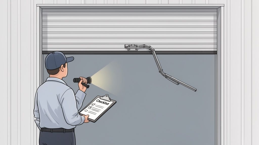 A technician inspects a rolling garage door with a flashlight and a checklist, examining the door mechanism.