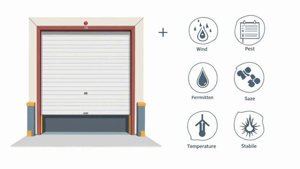 Illustration of a garage door with icons representing protection against wind, pests, moisture, impact, temperature, and wear.