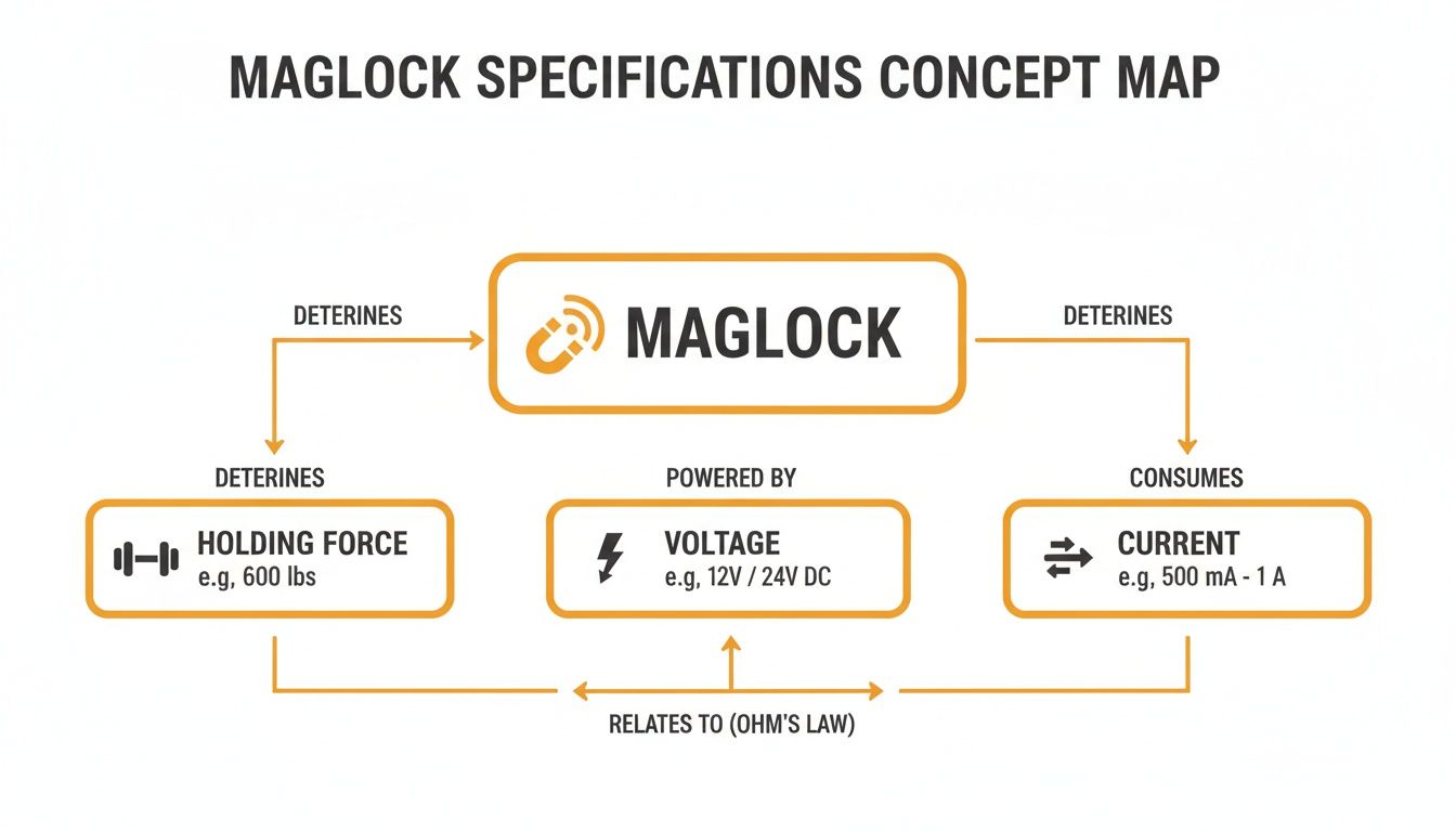 Concept map illustrating MAGLOCK specifications, showing relationships between holding force, voltage, and current.