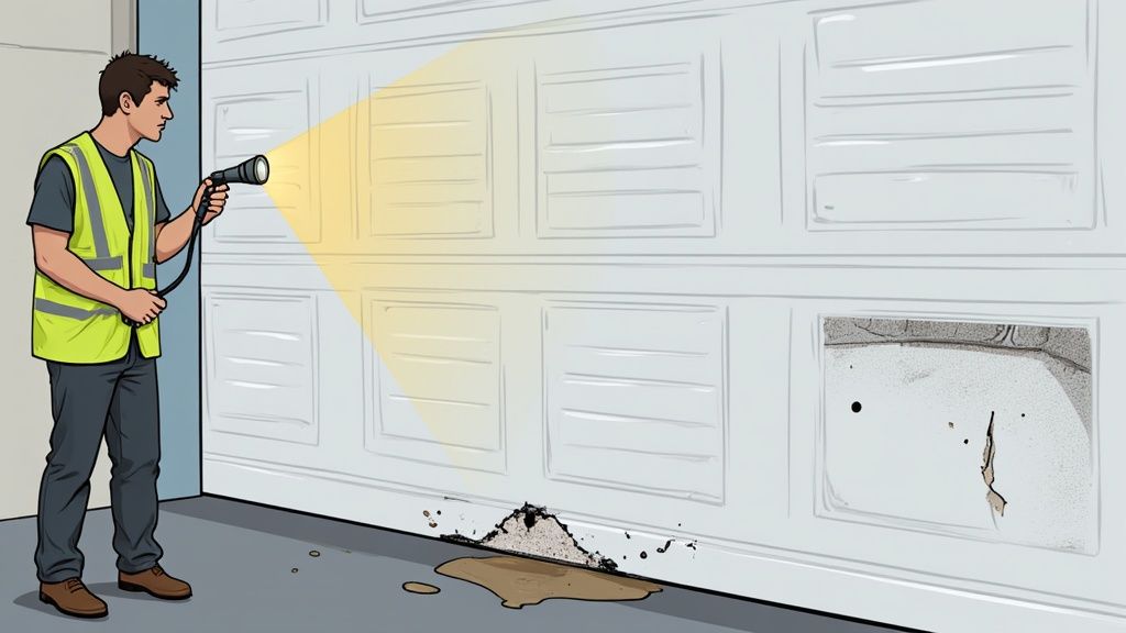 A technician shines a flashlight on a damaged garage door, inspecting debris and liquid on the floor.
