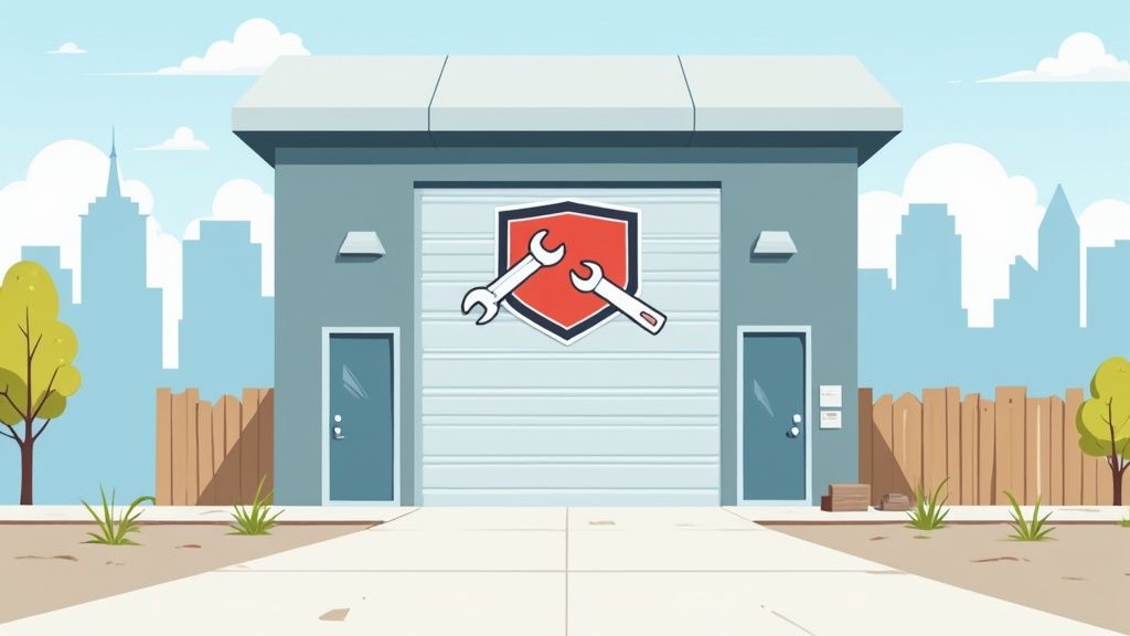 Professional garage door repair shop with tools logo in Burlington Ontario