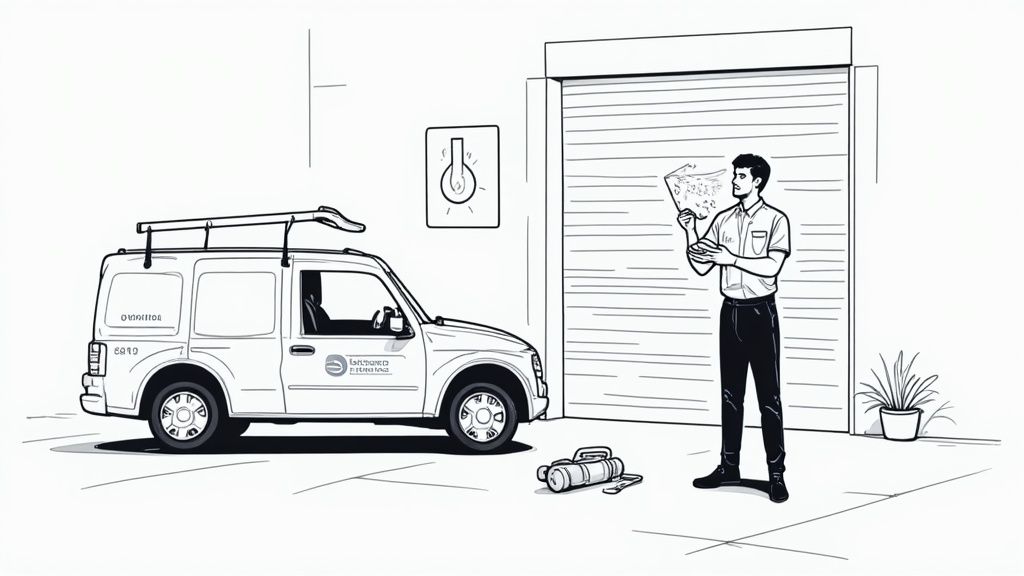 A technician reads instructions in front of a closed garage door with a service van parked nearby.