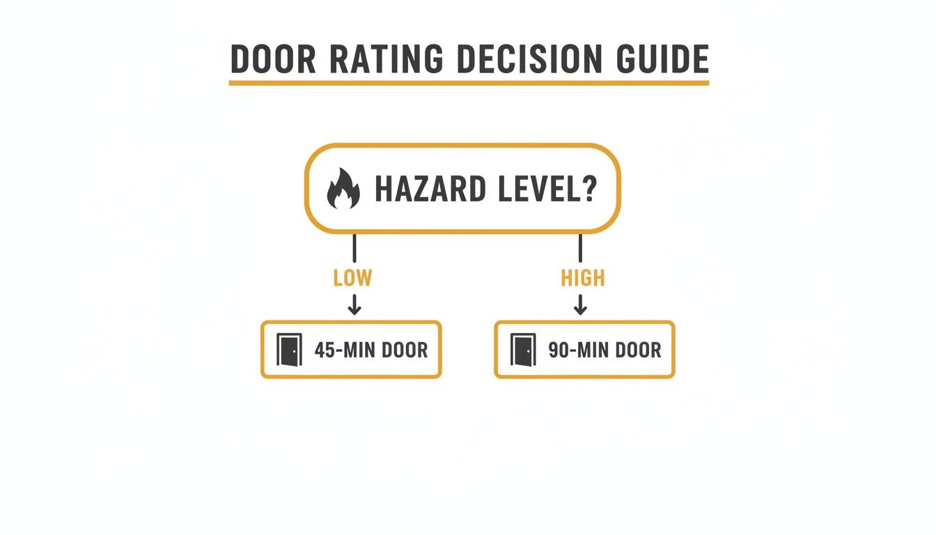 Flowchart titled 'Door Rating Decision Guide' showing a decision based on 'HAZARD LEVEL?'