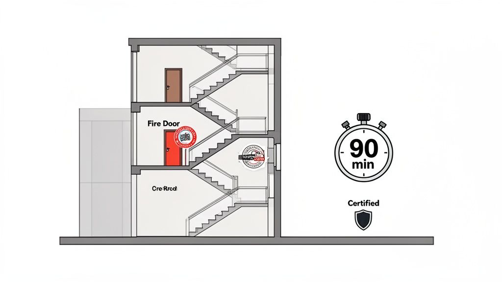 Diagram of a building stairwell showing a certified 90-minute fire door and fire safety features.