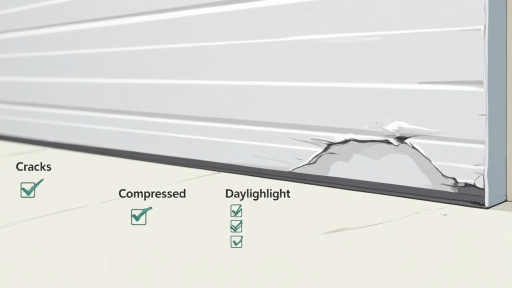 A technician inspects the worn garage door side seal on a commercial building, checking for cracks and gaps.