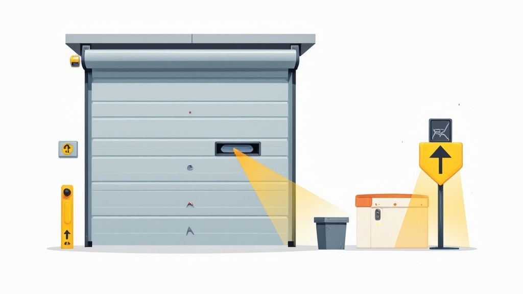 A technician inspects the photo-eye sensors on a modern commercial garage door. Alt text: A technician kneels to inspect the photo-eye safety sensors on a modern commercial garage door, ensuring proper alignment.