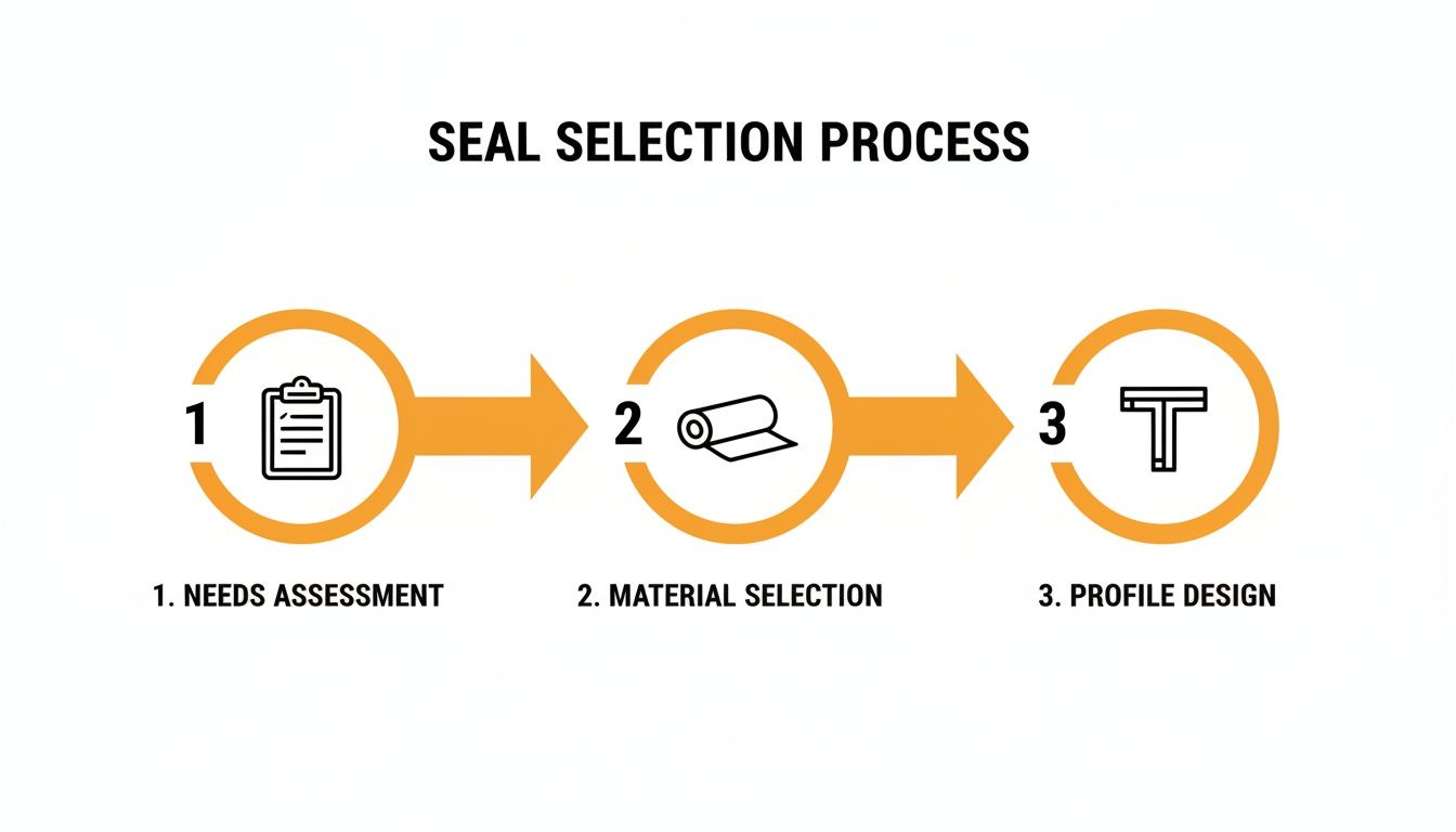 Infographic outlining the 3-step seal selection process: needs assessment, material selection, and profile design.