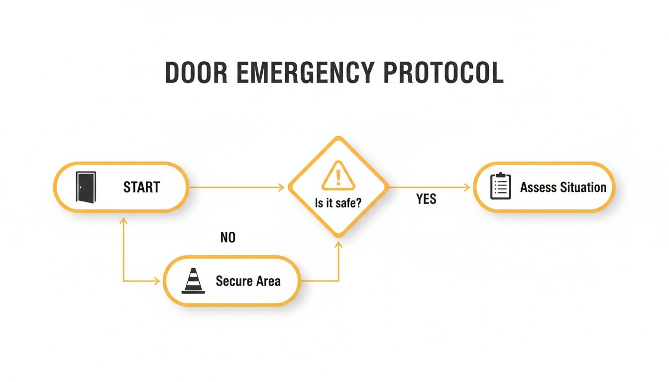 A flowchart outlining a door emergency protocol: start, check if safe, secure area if not, then assess situation.