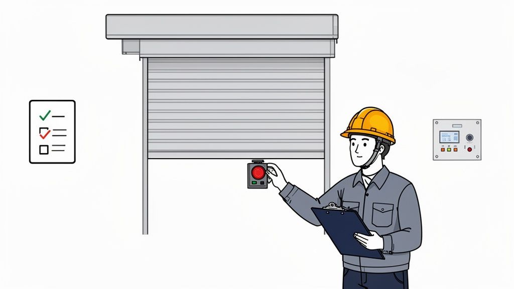 Technician in hard hat performs safety inspection on a fire window shutter system.