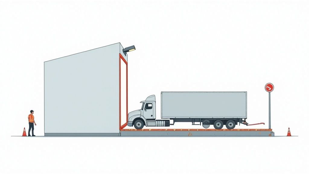 A truck is positioned on a scale or scanner at a commercial loading dock with a worker.