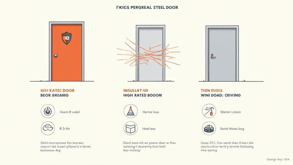 A comparison infographic of three types of steel doors: a rated door, an insulated door, and a thin door.