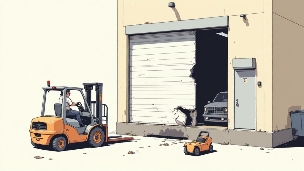 A person drives an orange forklift outside a building with a damaged white garage door and a small lawnmower.