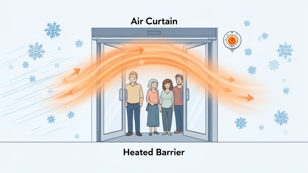 Illustration of an air curtain creating a heated barrier at an entrance, protecting people from snow and cold.