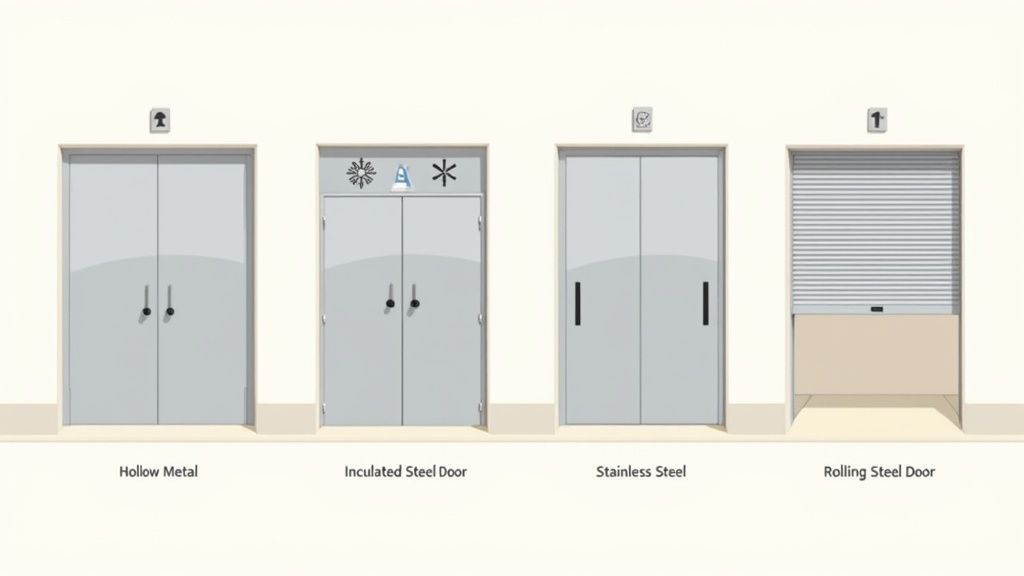 Four distinct commercial doors: Hollow Metal, Insulated Steel, Stainless Steel, and Rolling Steel.