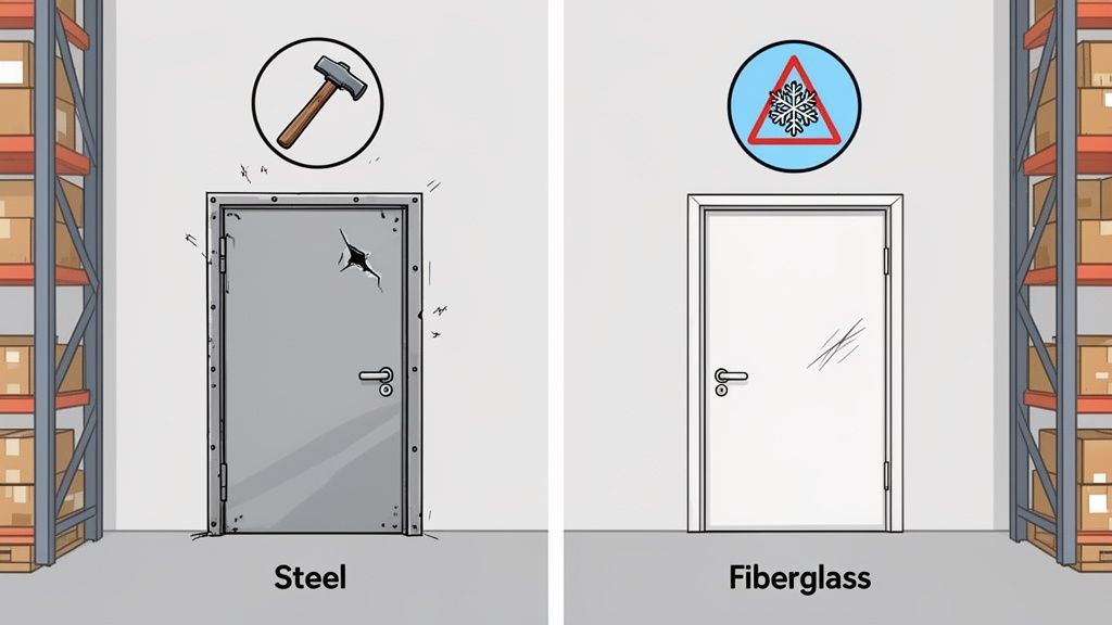 Two doors, steel and fiberglass, demonstrating different properties with hammer and snowflake icons.