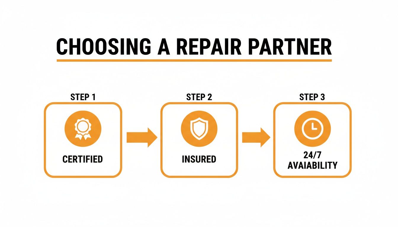 Infographic outlining three steps to choose a repair partner: certified, insured, and 24/7 availability.