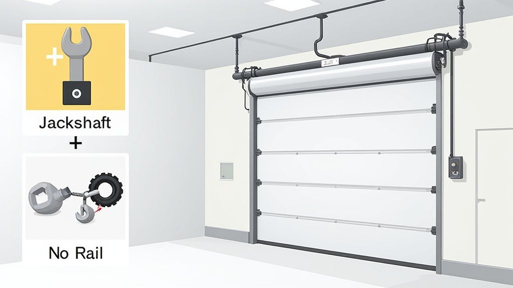 A commercial jackshaft garage door opener mounted on the wall next to a large industrial door.