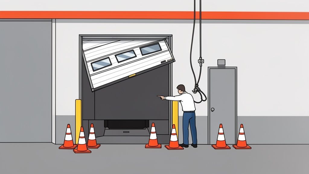 Man pointing at a broken industrial garage door with safety cones, indicating an emergency or problem.