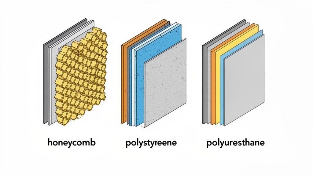 Three diagrams illustrating different layered panel constructions: honeycomb, polystyrene, and polyurethane.