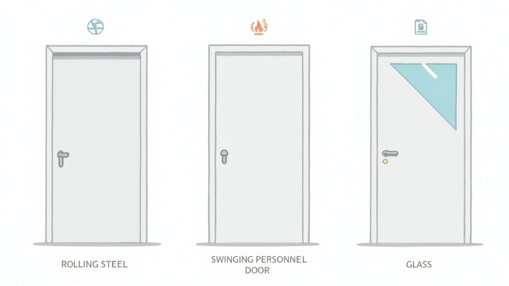 Three different doors: rolling steel, swinging personnel, and glass, each with a corresponding functional icon above.