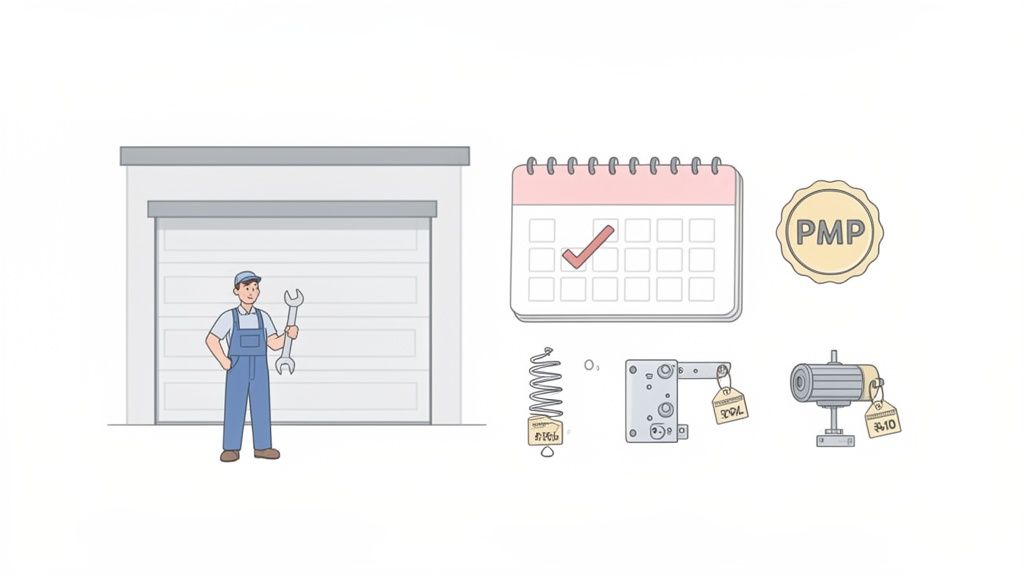 An illustration of a repairman with a wrench next to a garage door, surrounded by maintenance icons.