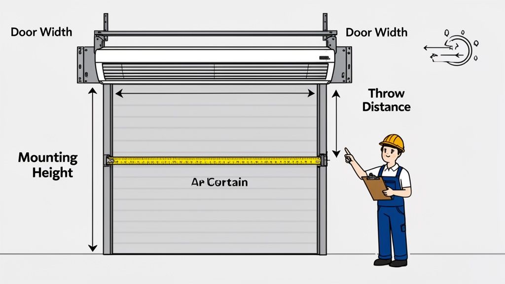 Diagram showing an air curtain installation above a door, illustrating key measurements like door width, mounting height, and throw distance, with a worker observing.