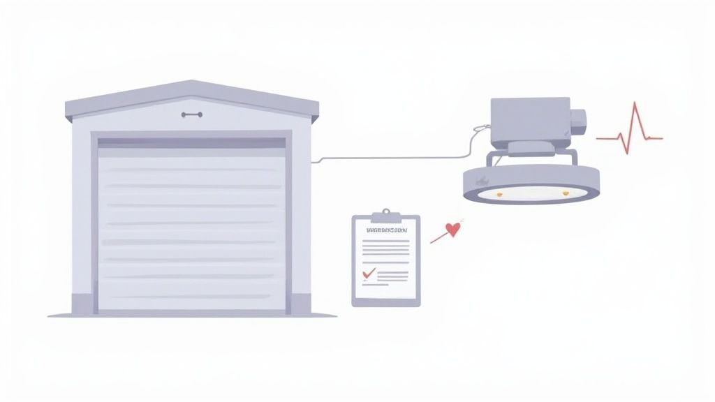 An illustration of a smart garage system with a building, light fixture, checklist, and heartbeat graph.