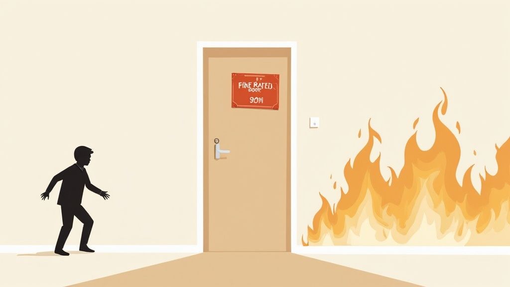 A silhouette of a person approaching a fire-rated door next to a wall engulfed in flames.