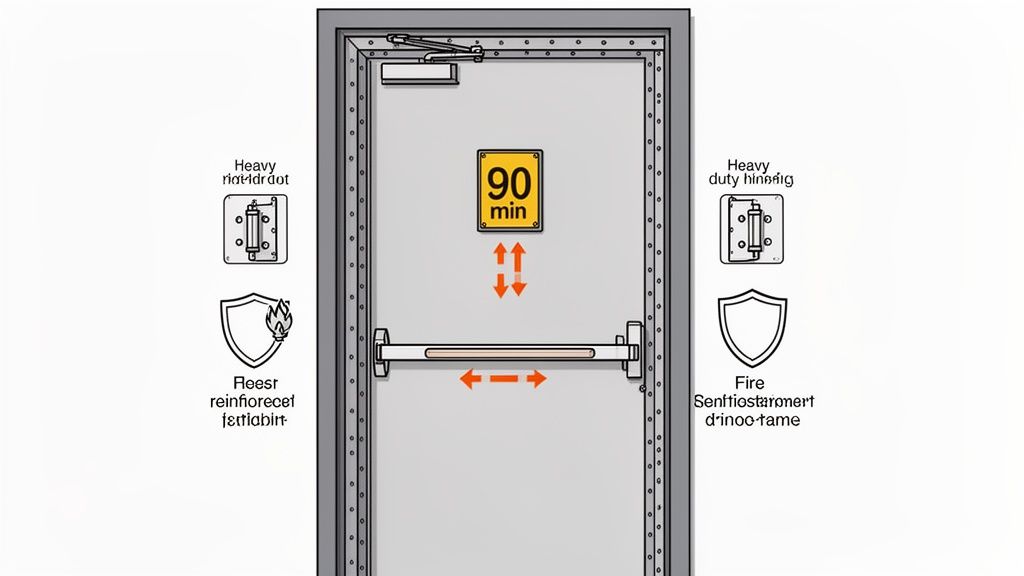 Detailed diagram of a commercial steel fire door, showcasing its 90-minute fire rating, push bar, and heavy-duty hinges.