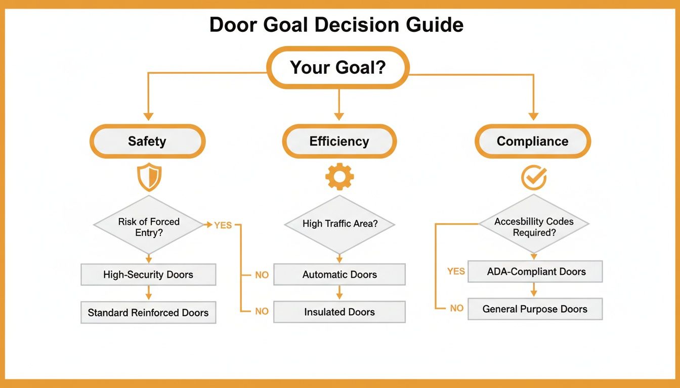 Flowchart illustrating a door goal decision guide for safety, efficiency, and compliance. Alt text: Flowchart illustrating a decision guide for commercial overhead doors, starting with goals like safety, efficiency, and compliance.
