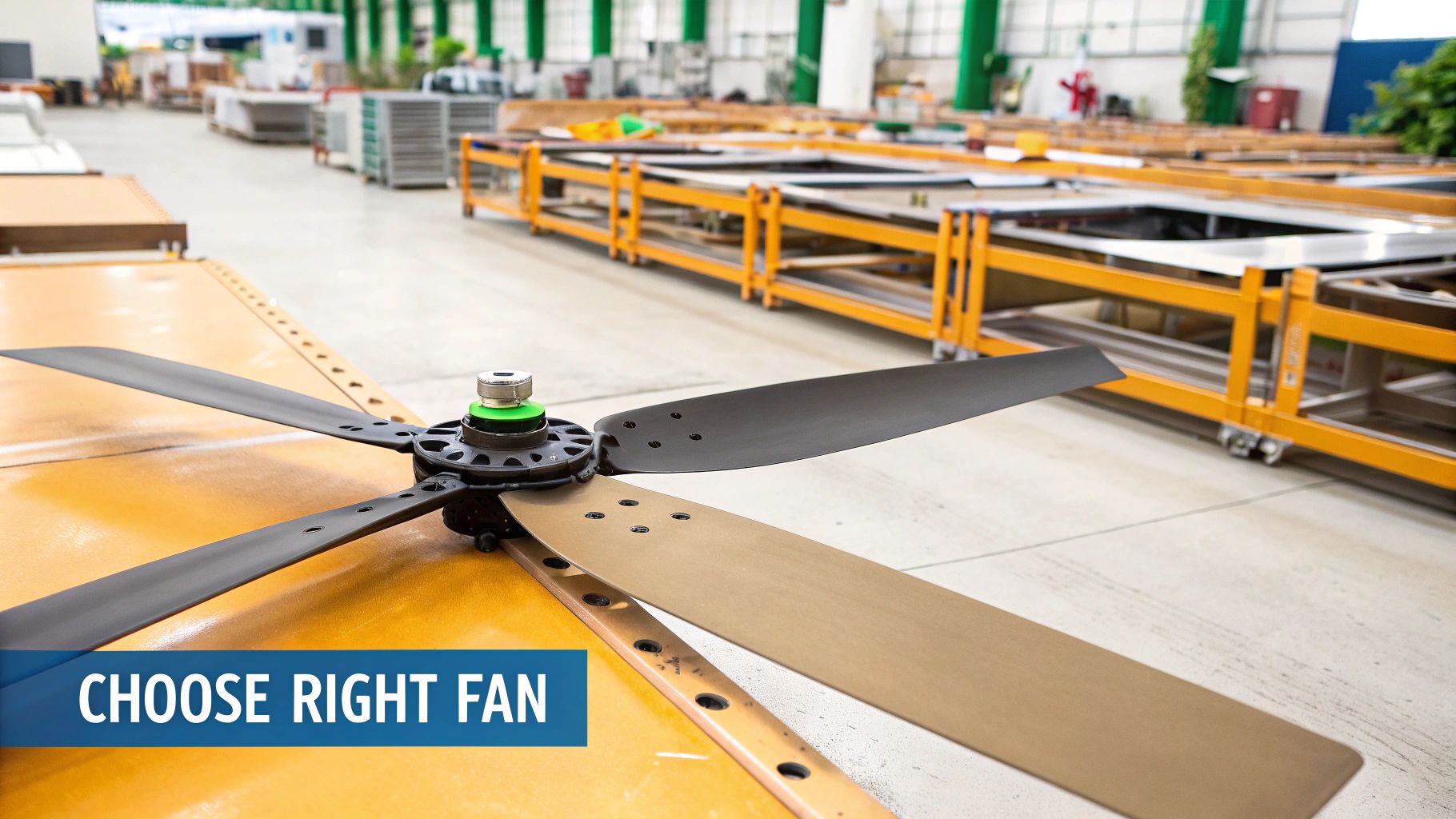 Several large industrial ceiling fans hanging in a modern warehouse with high ceilings and natural light.