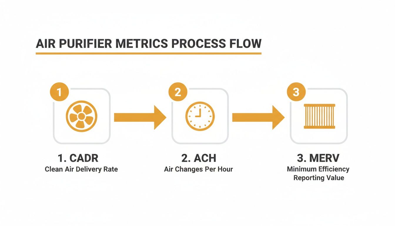 Process flow diagram showing air purifier metrics: CADR, ACH, and MERV definitions.