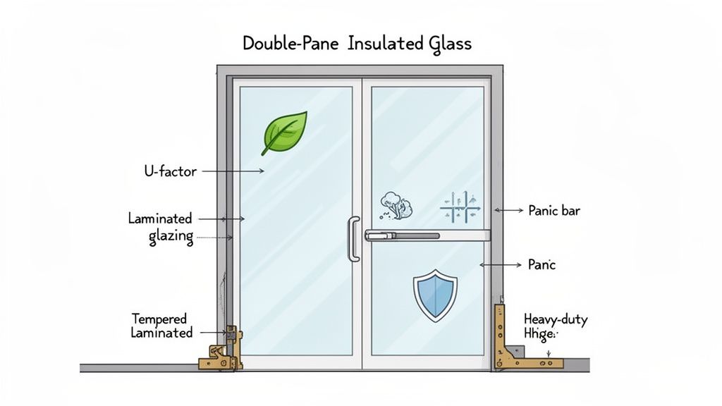 Diagram illustrating features of double-pane insulated commercial glass doors, including U-factor, laminated glazing, and panic bar.