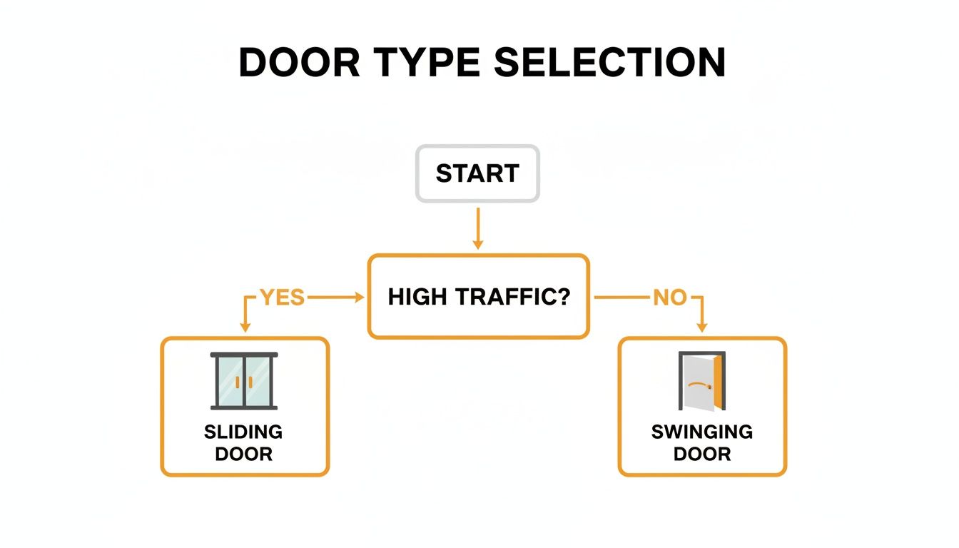 A flowchart for door type selection: sliding door for high traffic, swinging door for low traffic.