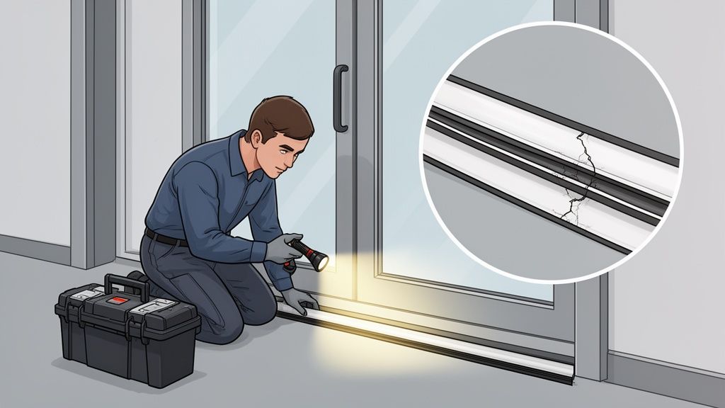 A technician kneels to inspect a cracked automatic door seal with a flashlight near a toolbox.