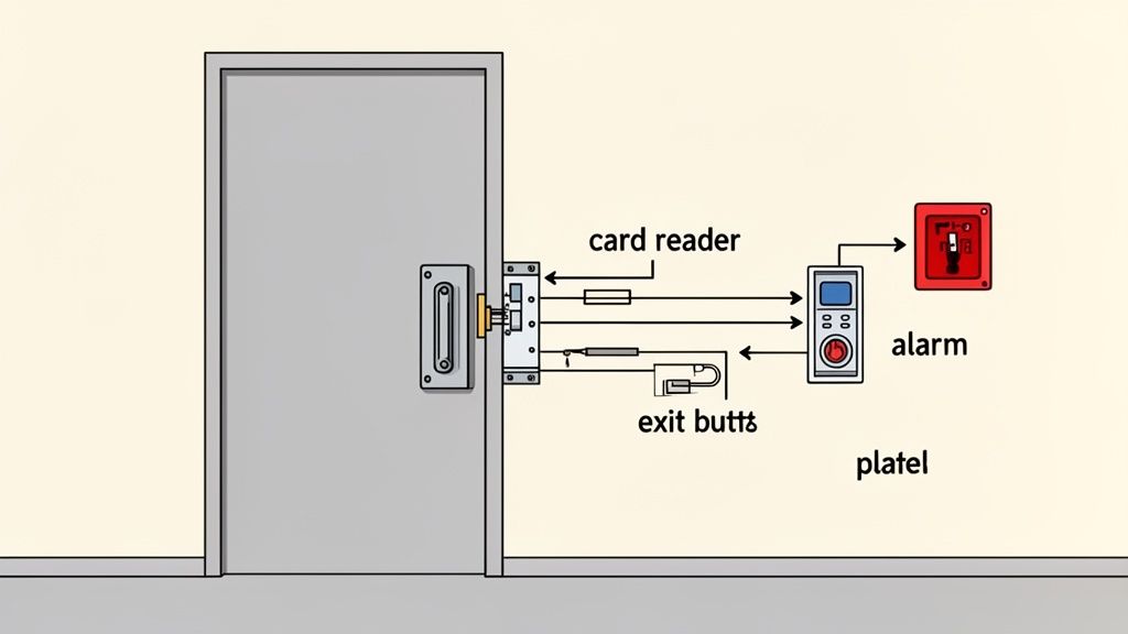Diagram illustrating an electronic door lock system featuring a card reader, control panel, exit button, and an alarm.